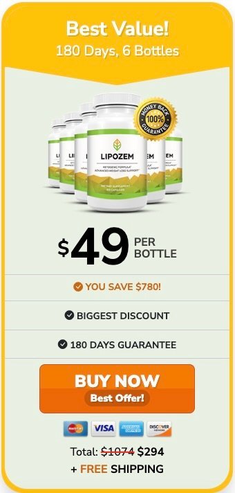 Lipozem 6-bottle best value offer - Save $780 on the weight loss supplement with a 180-day guarantee and free shipping.
